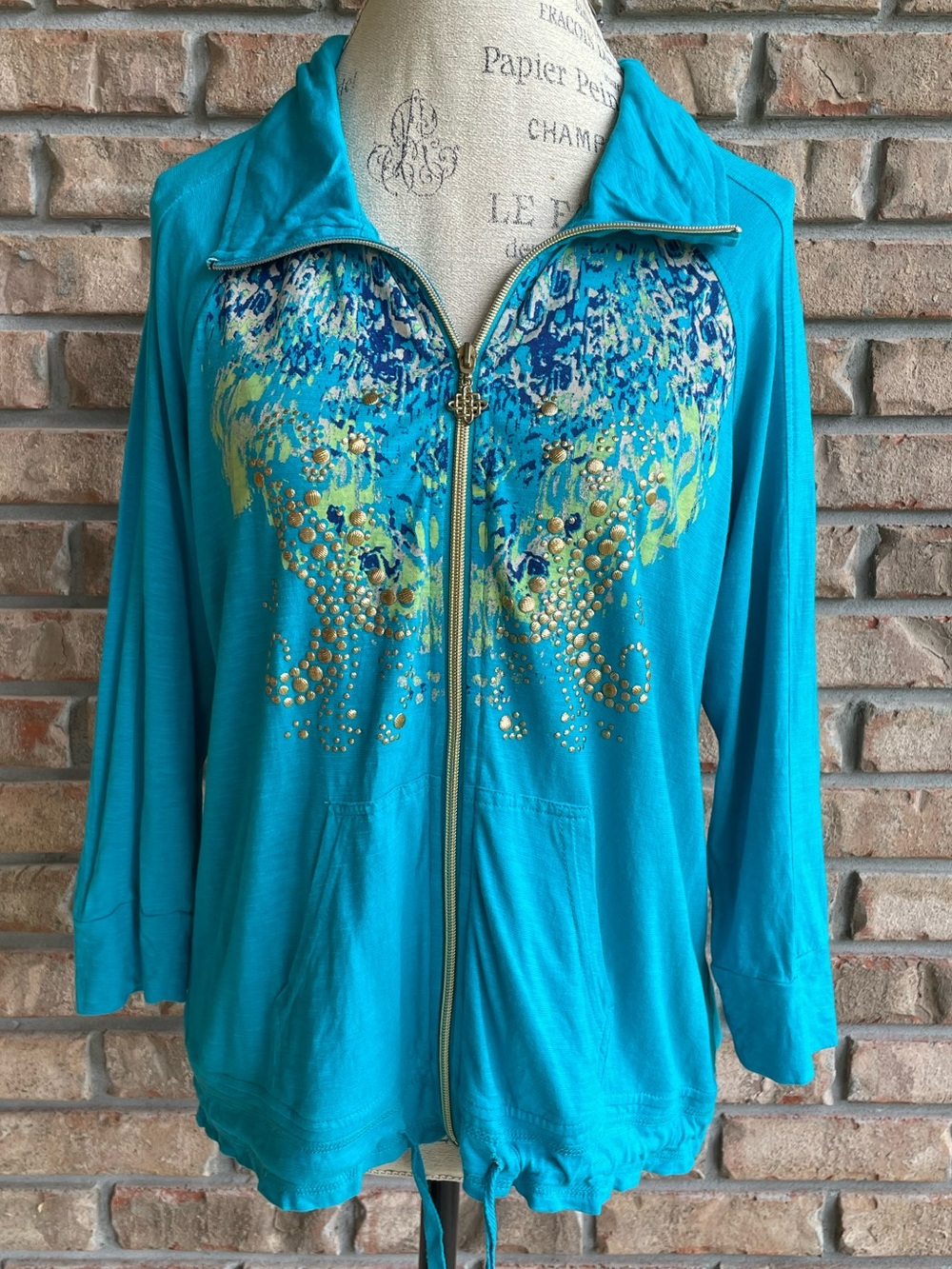 Oleg Cassini Sport Teal Zip-Front Embellished Top Jacket.